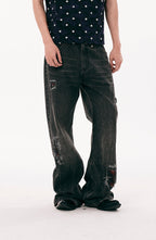 PASET Plaid Patch Distressed Back Buckle Jeans