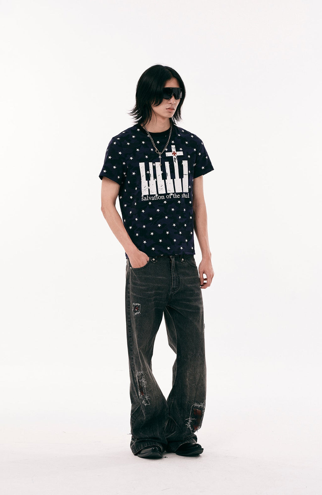PASET Plaid Patch Distressed Back Buckle Jeans