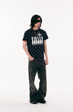 PASET Plaid Patch Distressed Back Buckle Jeans