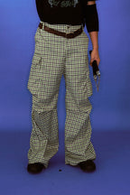 TRECLUB Plaid Multi-Pocket Crinkled Cargo Pants