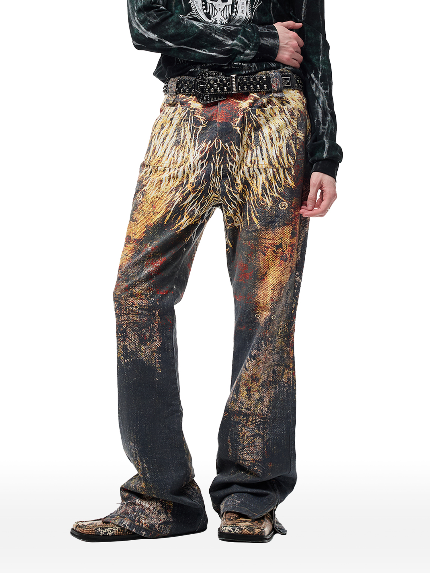 CYCYCY Feather Full-Print Slim Flared Jeans