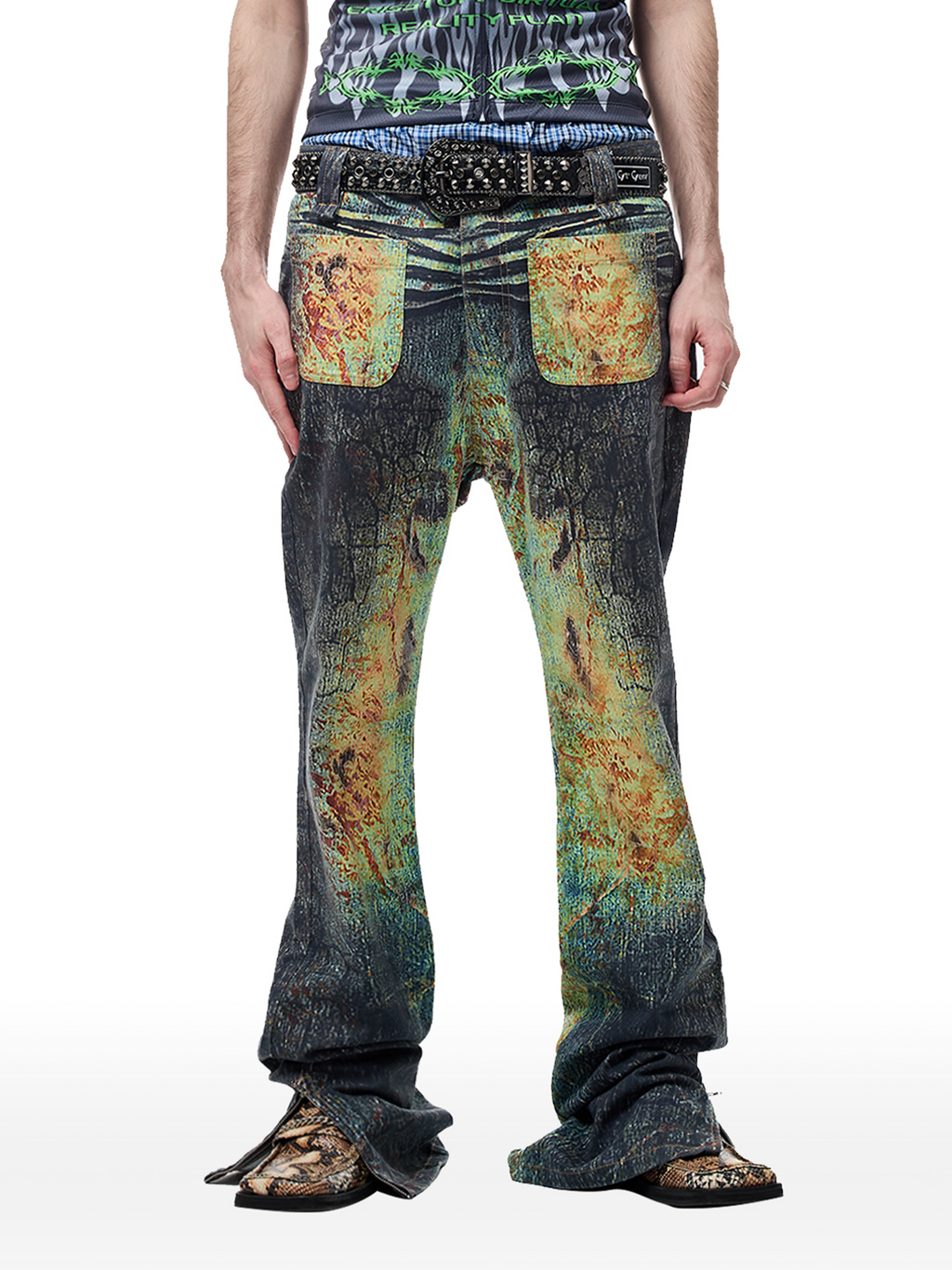 CYCYCY Iridescent Croc Full-Print Slim Flared Jeans