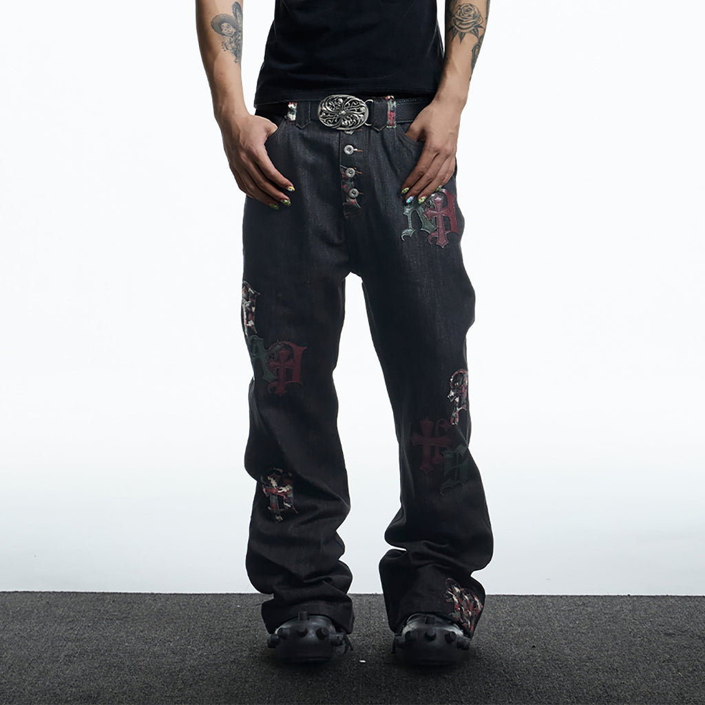 DND4DES Gothic Camo Patchwork Raw Denim Pants