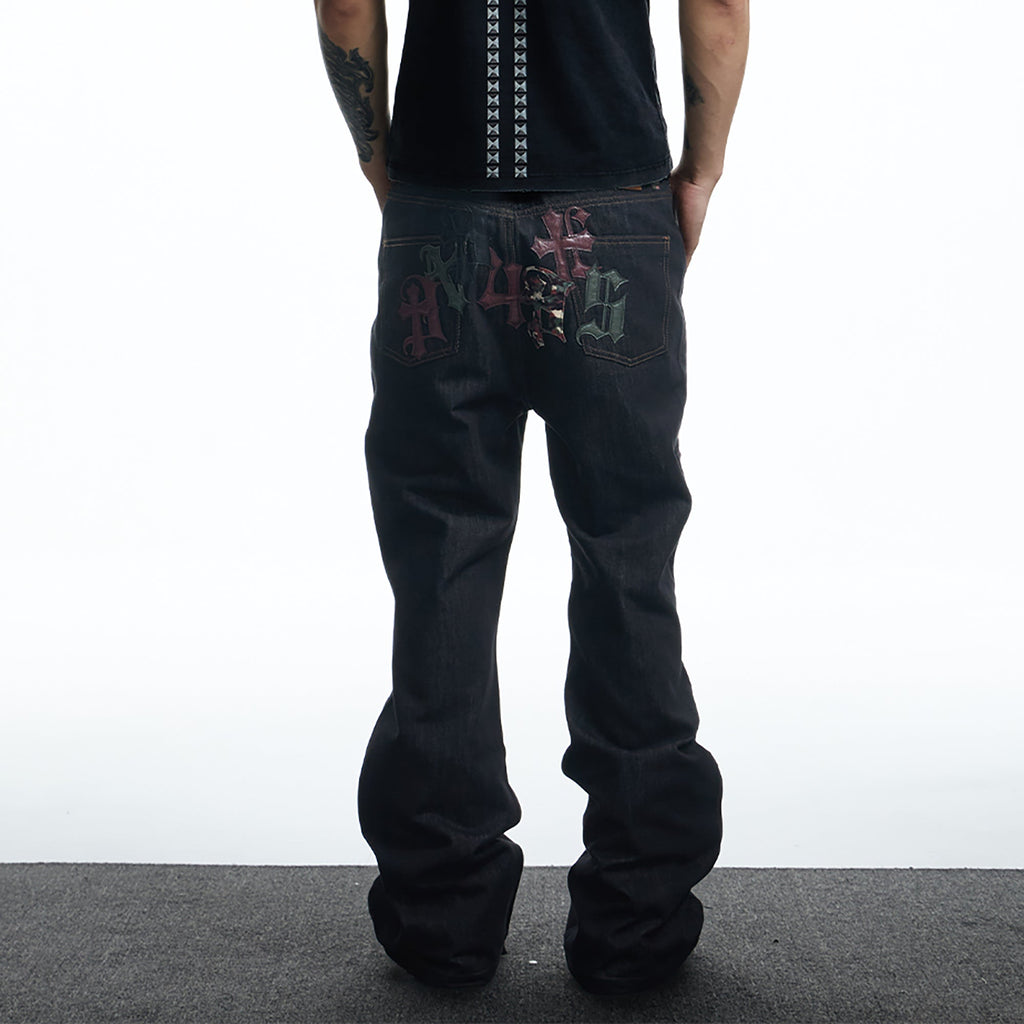 DND4DES Gothic Camo Patchwork Raw Denim Pants