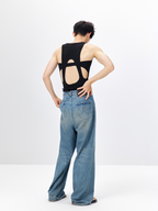 TUIMU Back Cut-Out Ribbed Tank Top Black