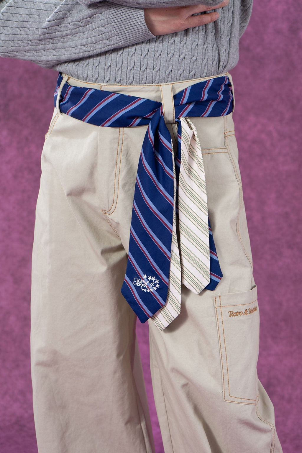 CLP Tie-Belt Multi-Pockets Stitched Pants
