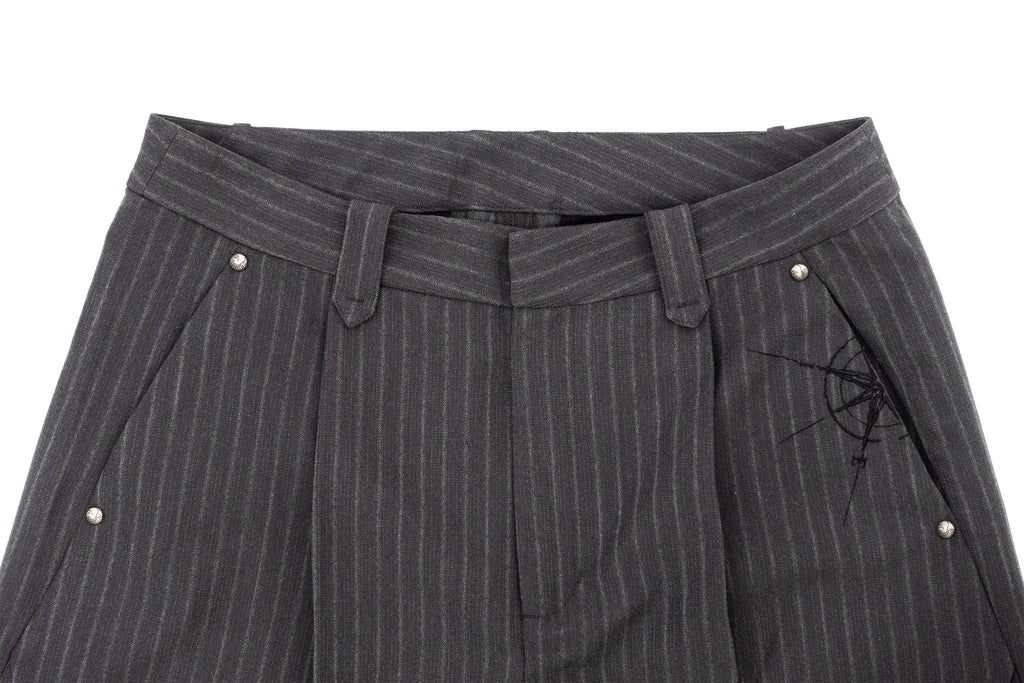 IN EXISTENCE Stripe Pleated Embroidery Curved Pants