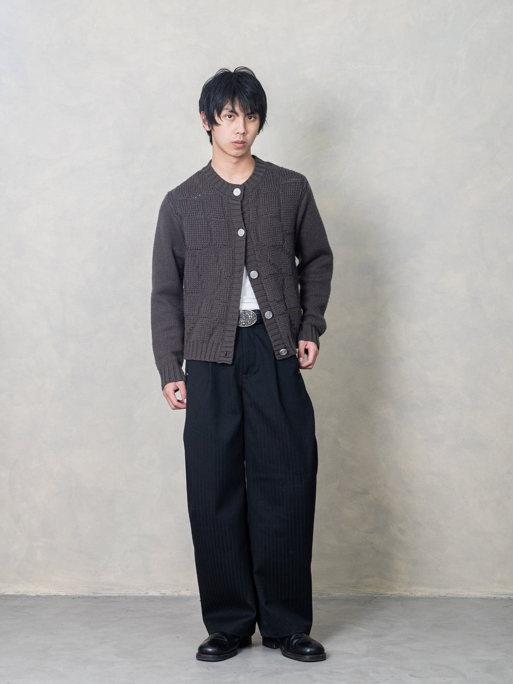 IN EXISTENCE Stripe Pleated Embroidery Curved Pants