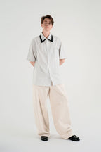 WIID Striped Contrast-Collar Tie-Neck Half Shirt