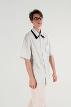 WIID Striped Contrast-Collar Tie-Neck Half Shirt