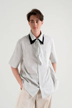 WIID Striped Contrast-Collar Tie-Neck Half Shirt