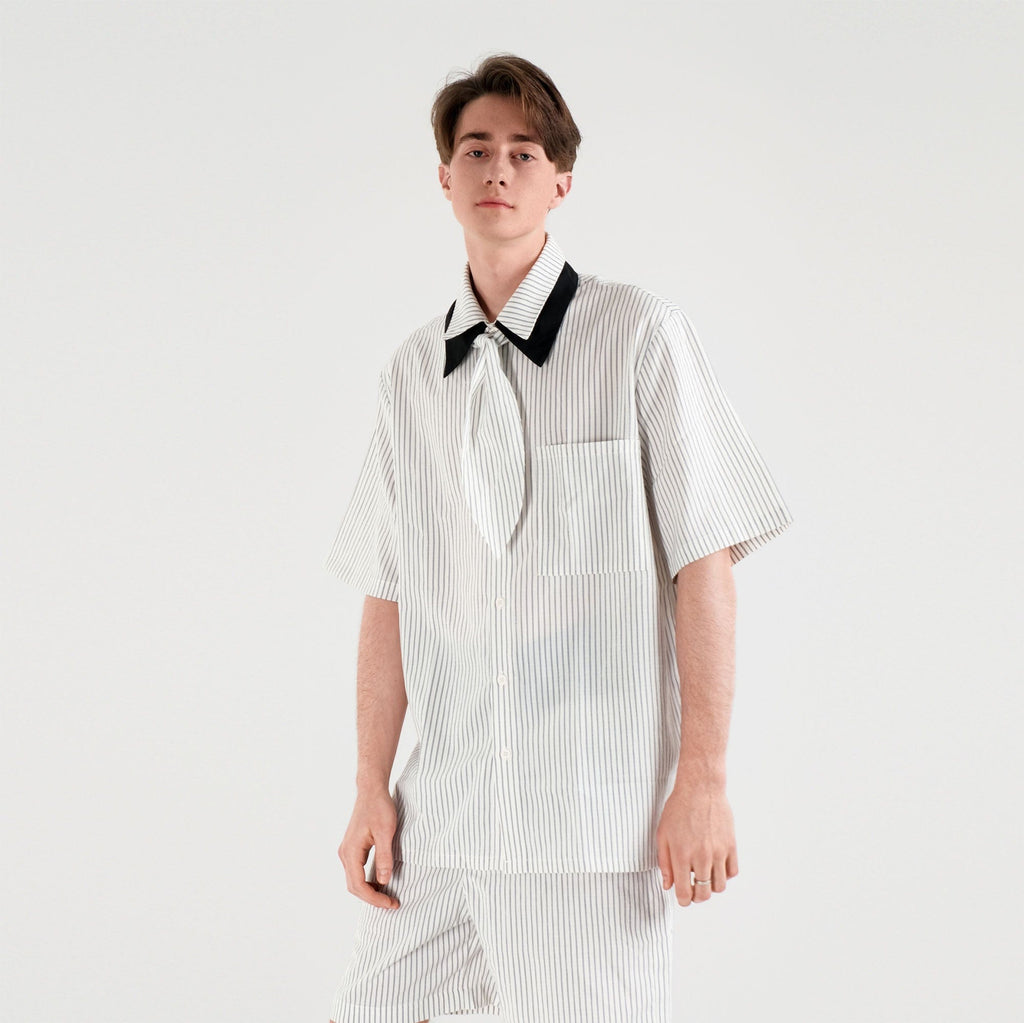 WIID Striped Contrast-Collar Tie-Neck Half Shirt