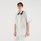 WIID Striped Contrast-Collar Tie-Neck Half Shirt