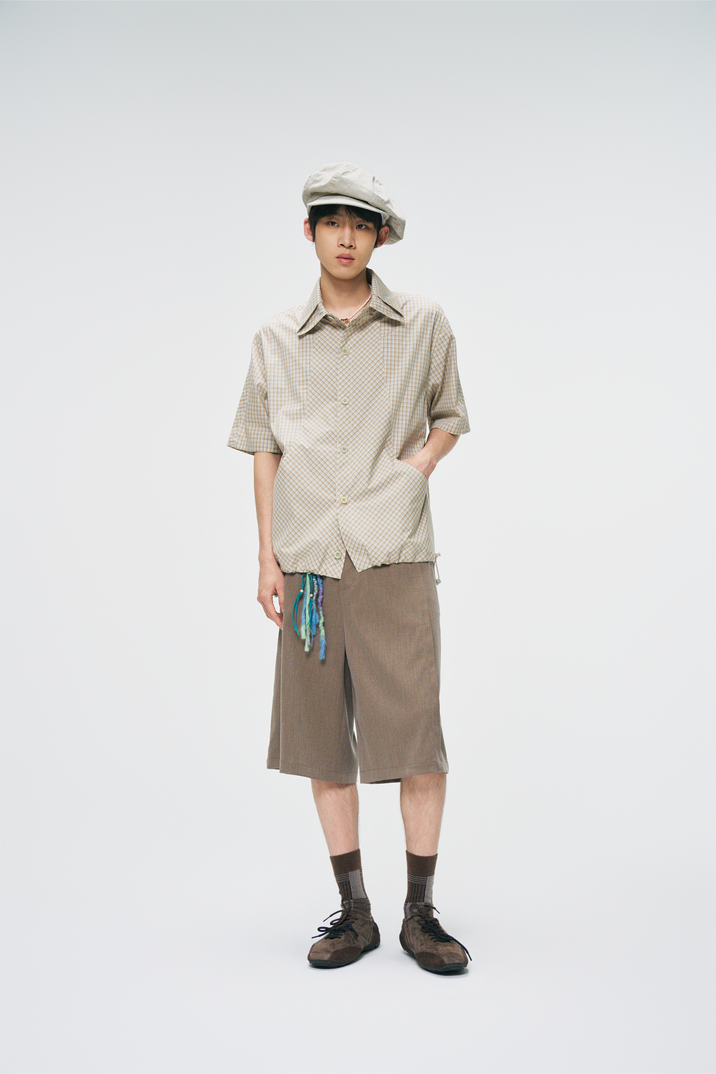 GONGHE REPUB Check Adjustable Hem Half Shirt