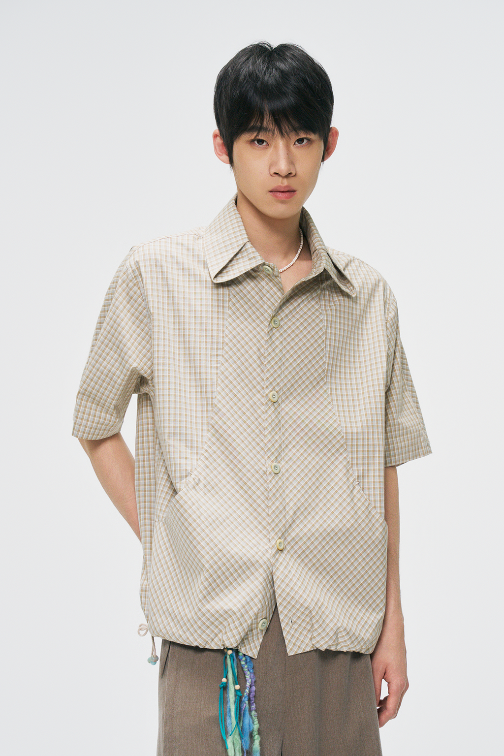 GONGHE REPUB Check Adjustable Hem Half Shirt