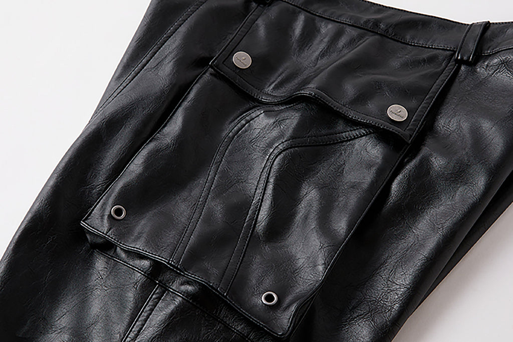 FORFEARTHAT Glossy Panel Zip Hem PU Cargo Pants