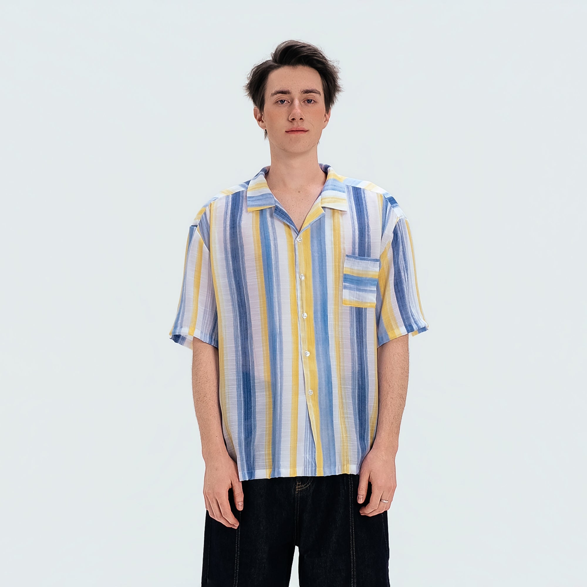 WIID Color-Block Striped Cuban Half Shirt
