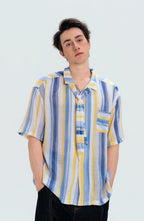 WIID Color-Block Striped Cuban Half Shirt