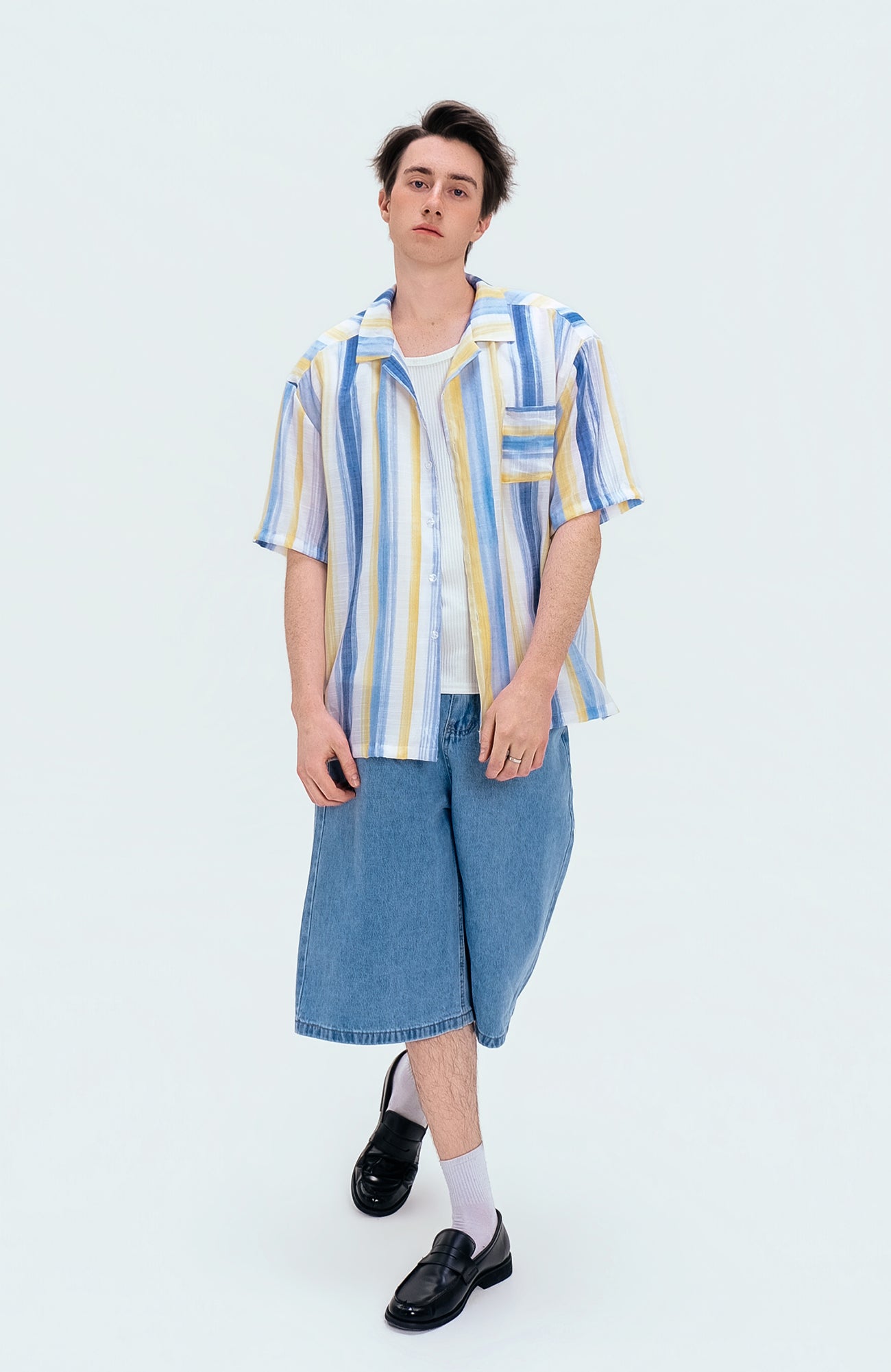 WIID Color-Block Striped Cuban Half Shirt