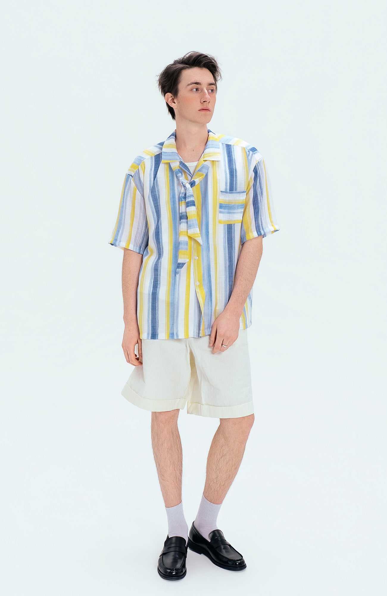 WIID Color-Block Striped Cuban Half Shirt