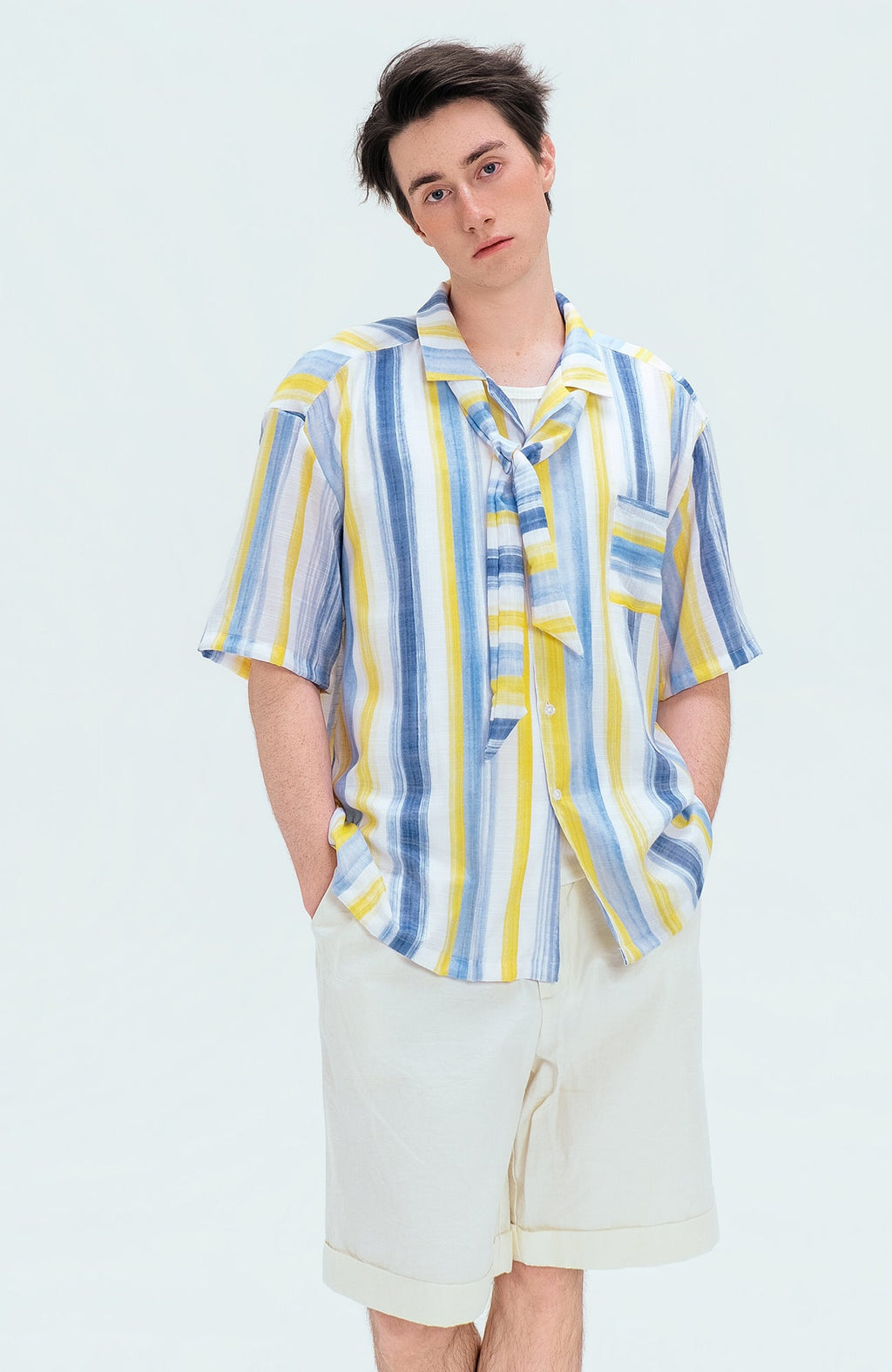 WIID Color-Block Striped Cuban Half Shirt