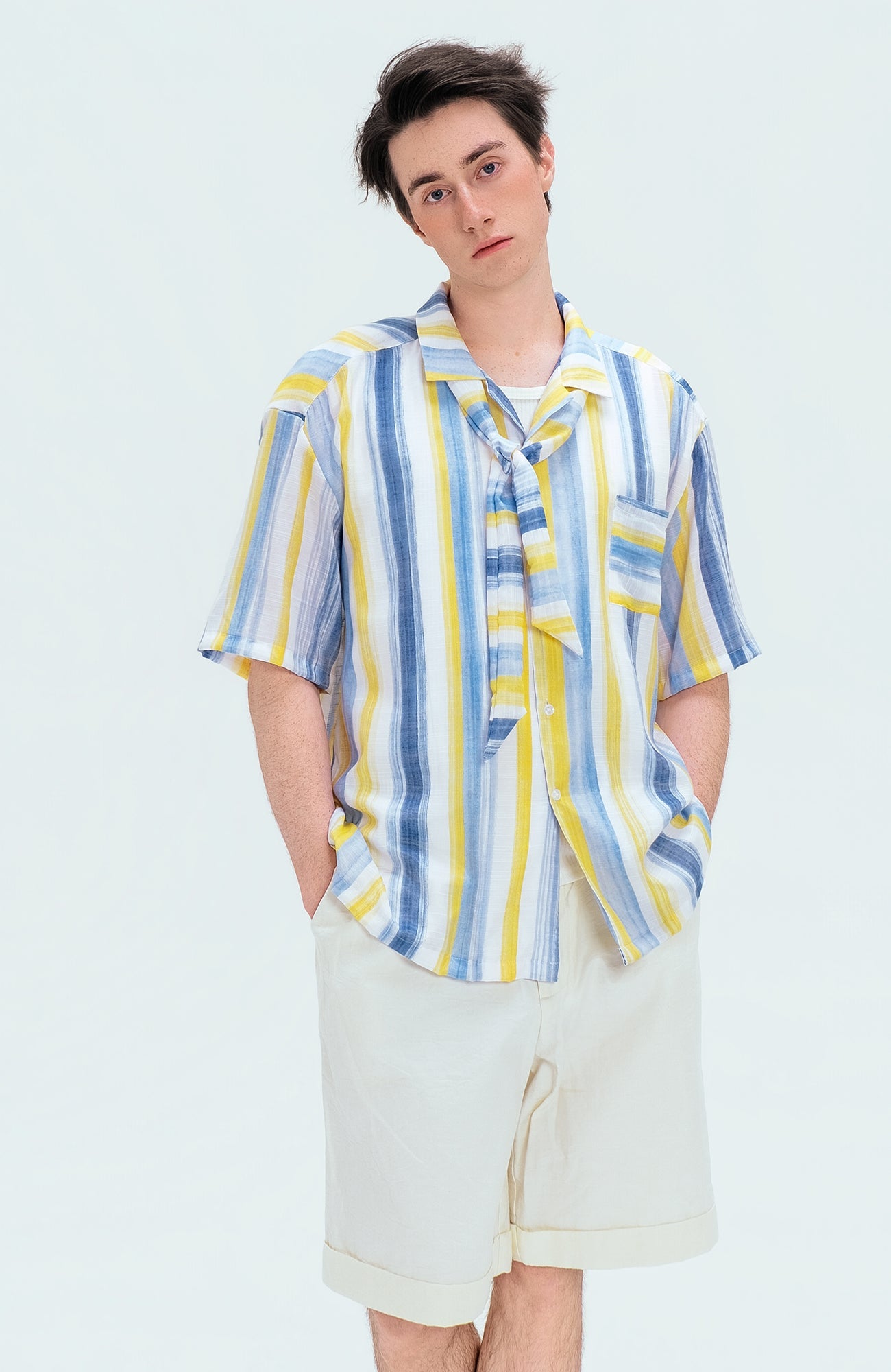 WIID Color-Block Striped Cuban Half Shirt