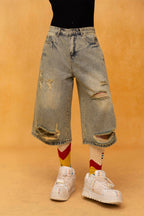 CLP Washed Ripped Knee-Length Denim Shorts