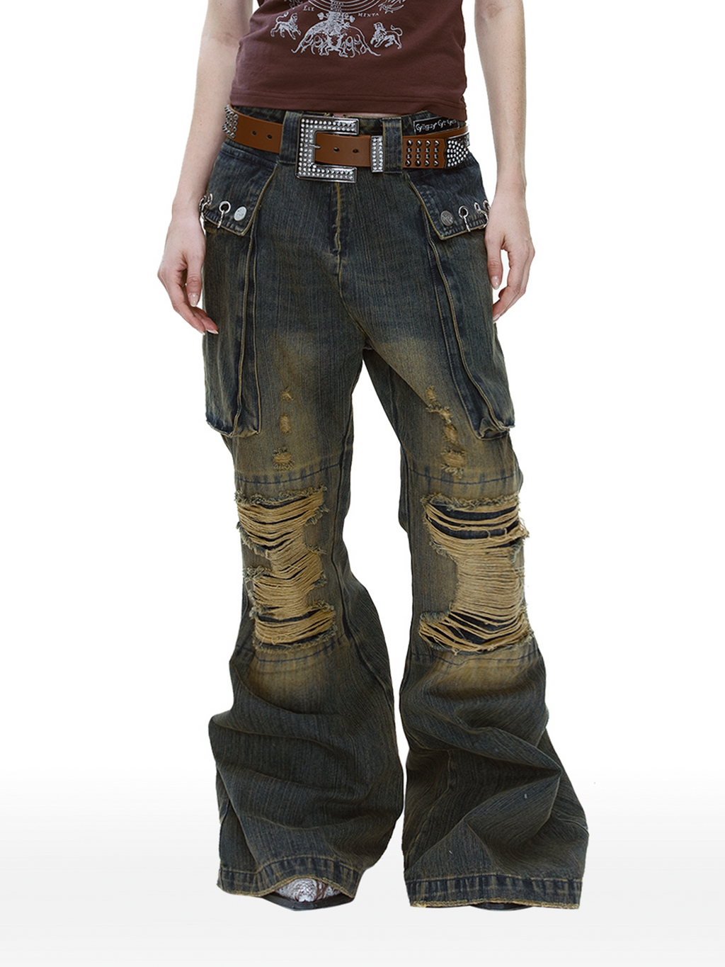 CYCYCY Distressed Big-Pocket Flared Jeans
