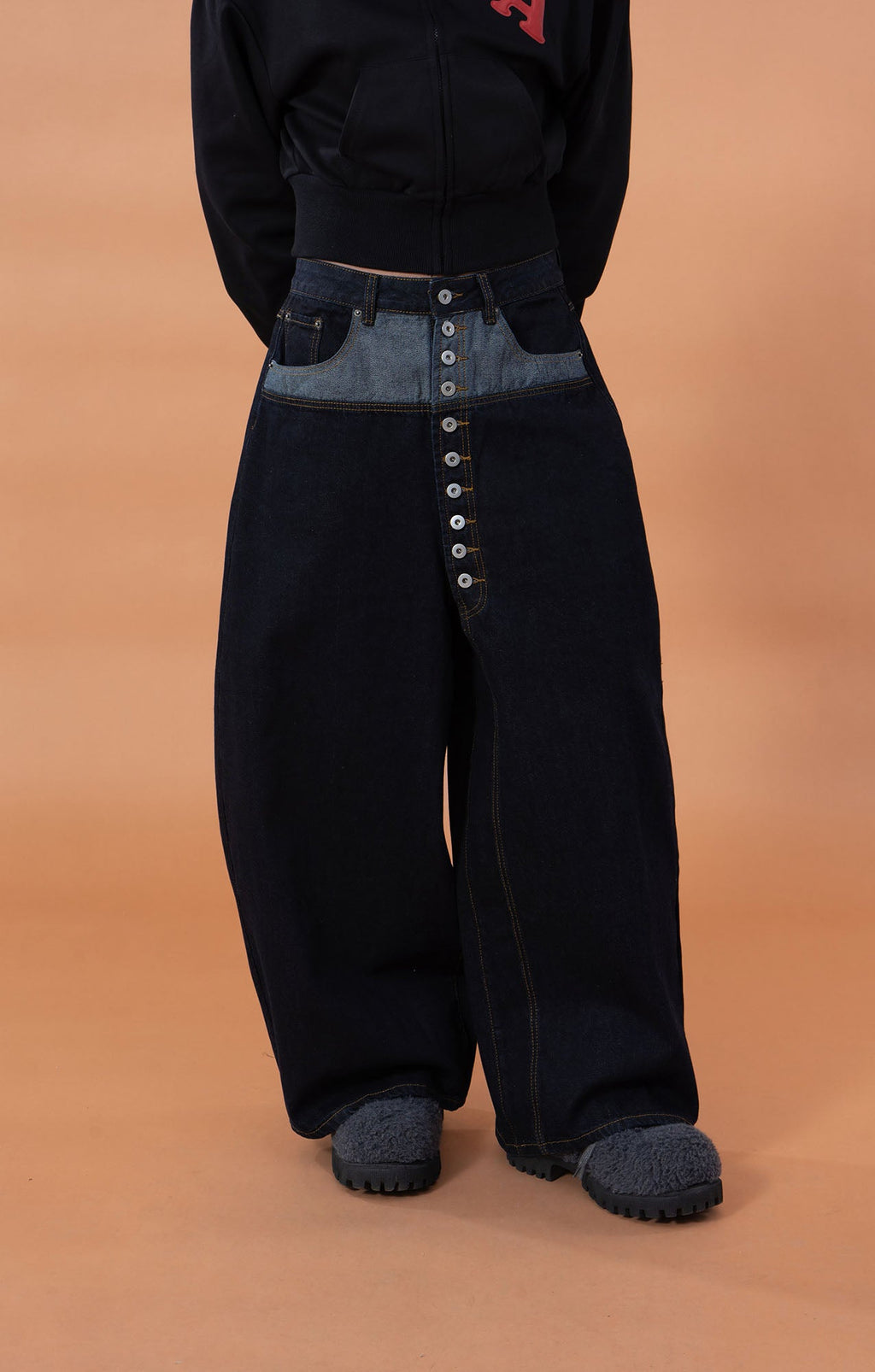CLP Contrast-Waist Botton-Fly Oversized Raw Jeans