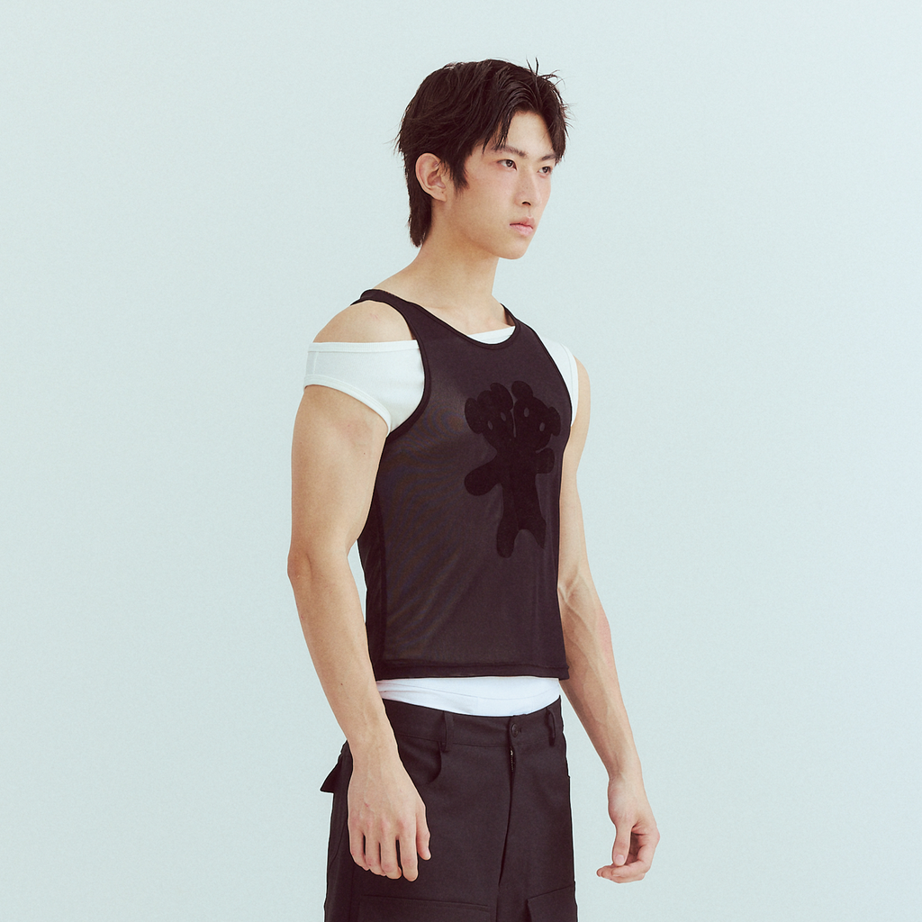 KADAKADA Flocked Bear Mesh One-Shoulder Ribbed Tank Set