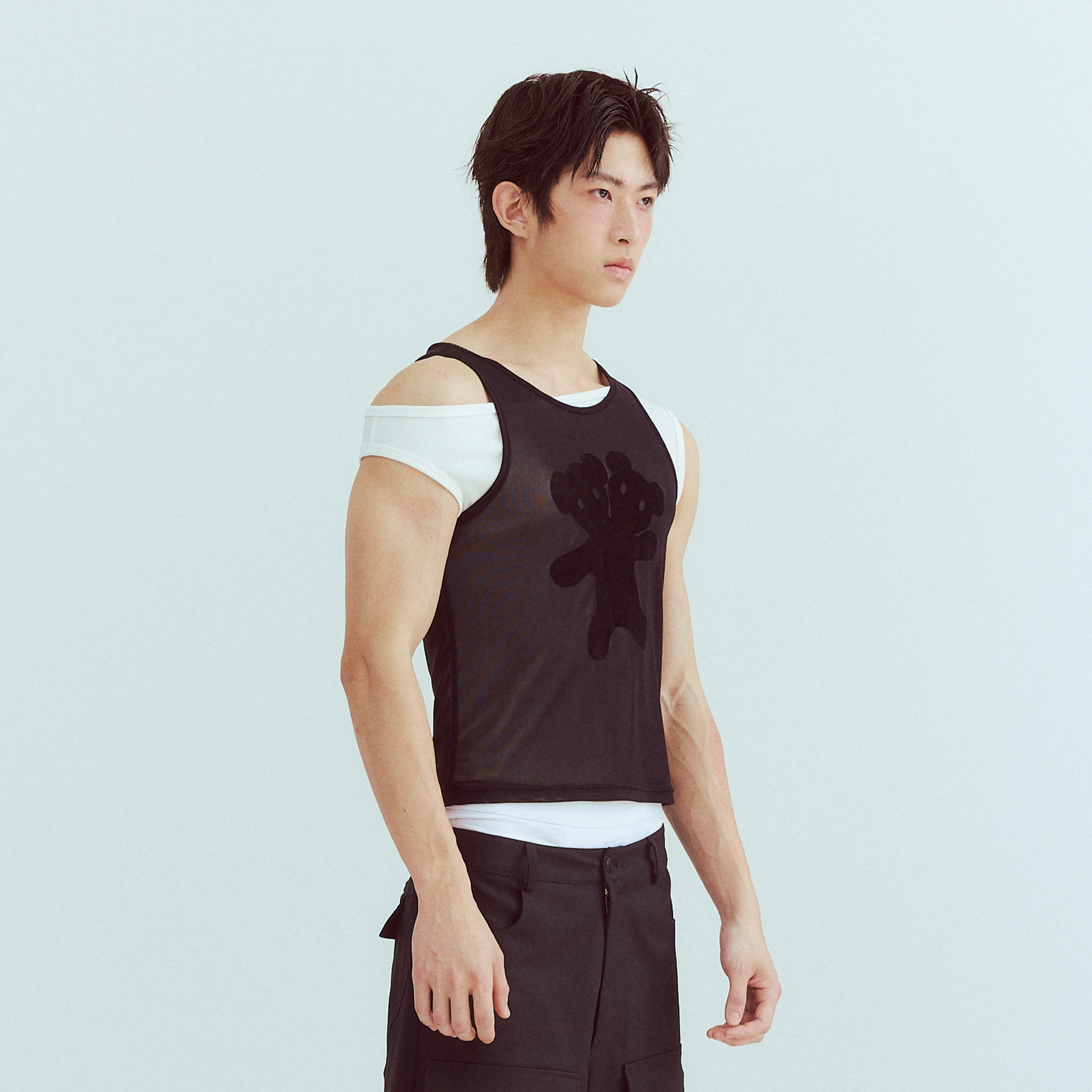 KADAKADA Flocked Bear Mesh One-Shoulder Ribbed Tank Set