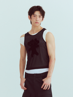 KADAKADA Flocked Bear Mesh One-Shoulder Ribbed Tank Set