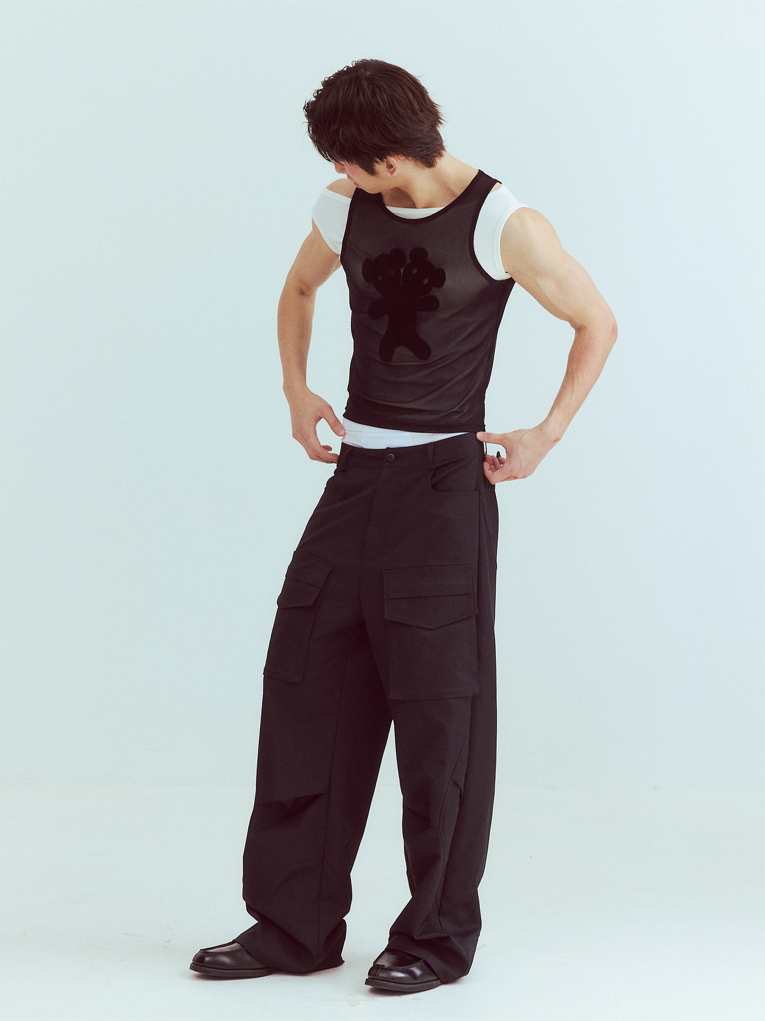 KADAKADA Flocked Bear Mesh One-Shoulder Ribbed Tank Set