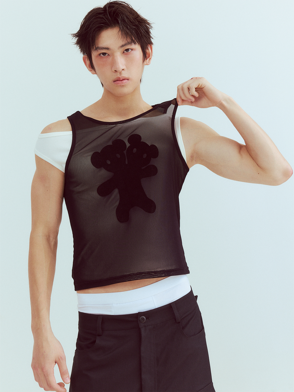 KADAKADA Flocked Bear Mesh One-Shoulder Ribbed Tank Set