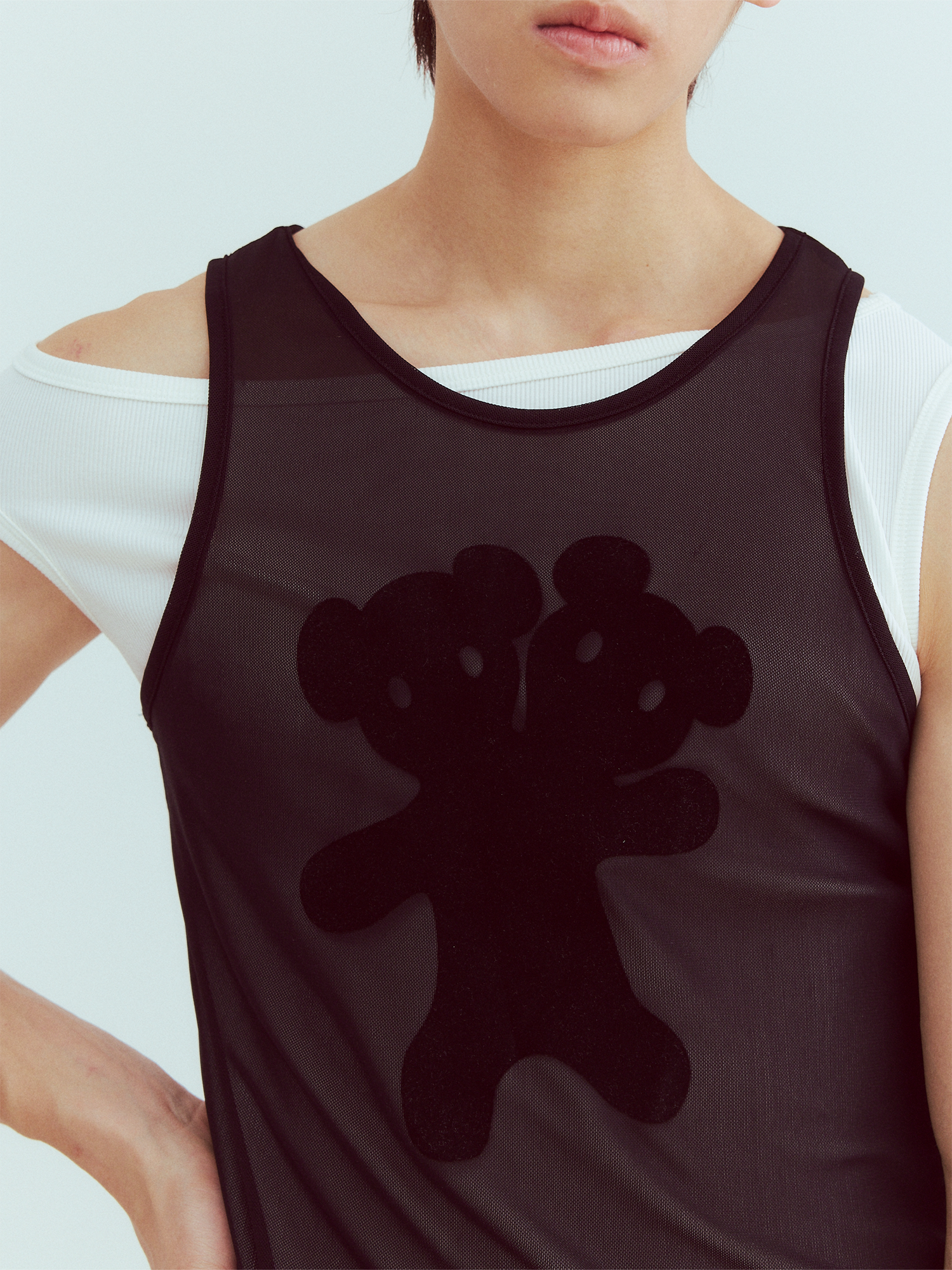 KADAKADA Flocked Bear Mesh One-Shoulder Ribbed Tank Set