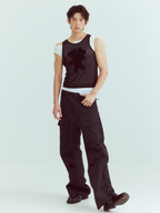 KADAKADA Flocked Bear Mesh One-Shoulder Ribbed Tank Set