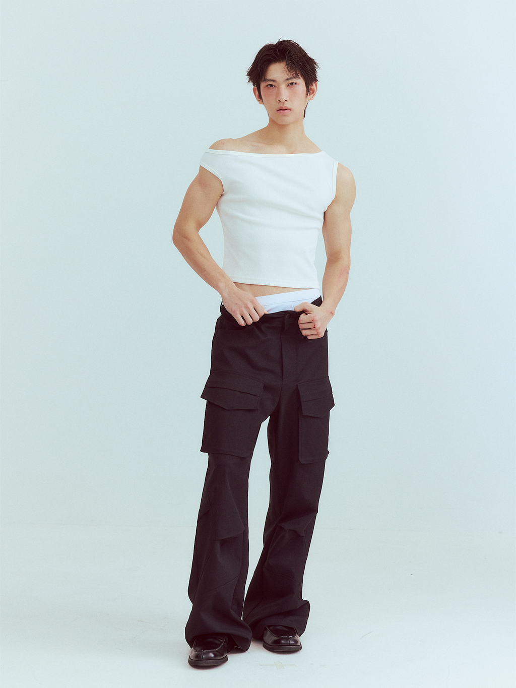 KADAKADA Flocked Bear Mesh One-Shoulder Ribbed Tank Set