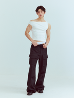 KADAKADA Flocked Bear Mesh One-Shoulder Ribbed Tank Set