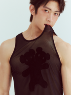 KADAKADA Flocked Bear Mesh One-Shoulder Ribbed Tank Set