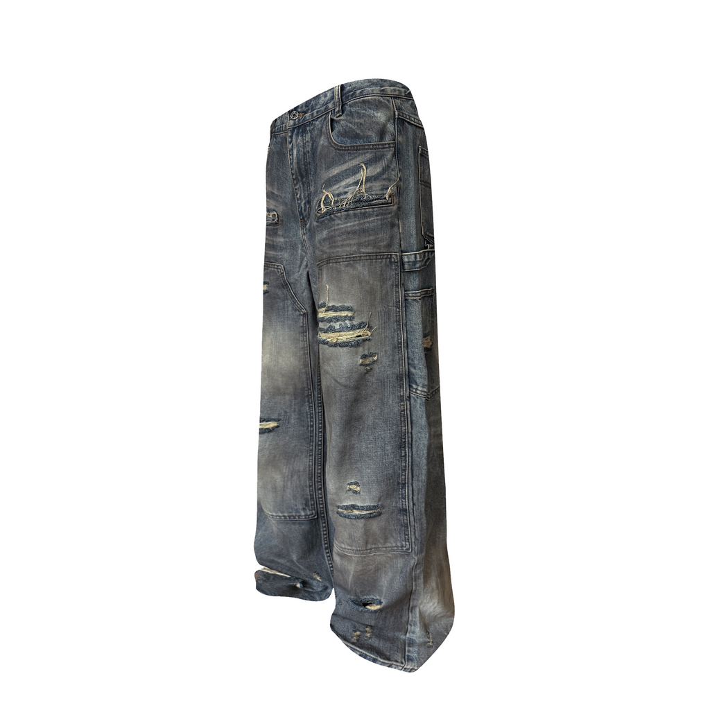TH4SWE Distressed Heavy-Wash Wide-Leg Jeans