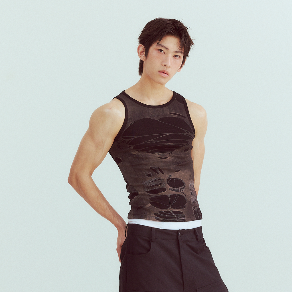 KADAKADA Distressed Graphic Ribbed Tank Top