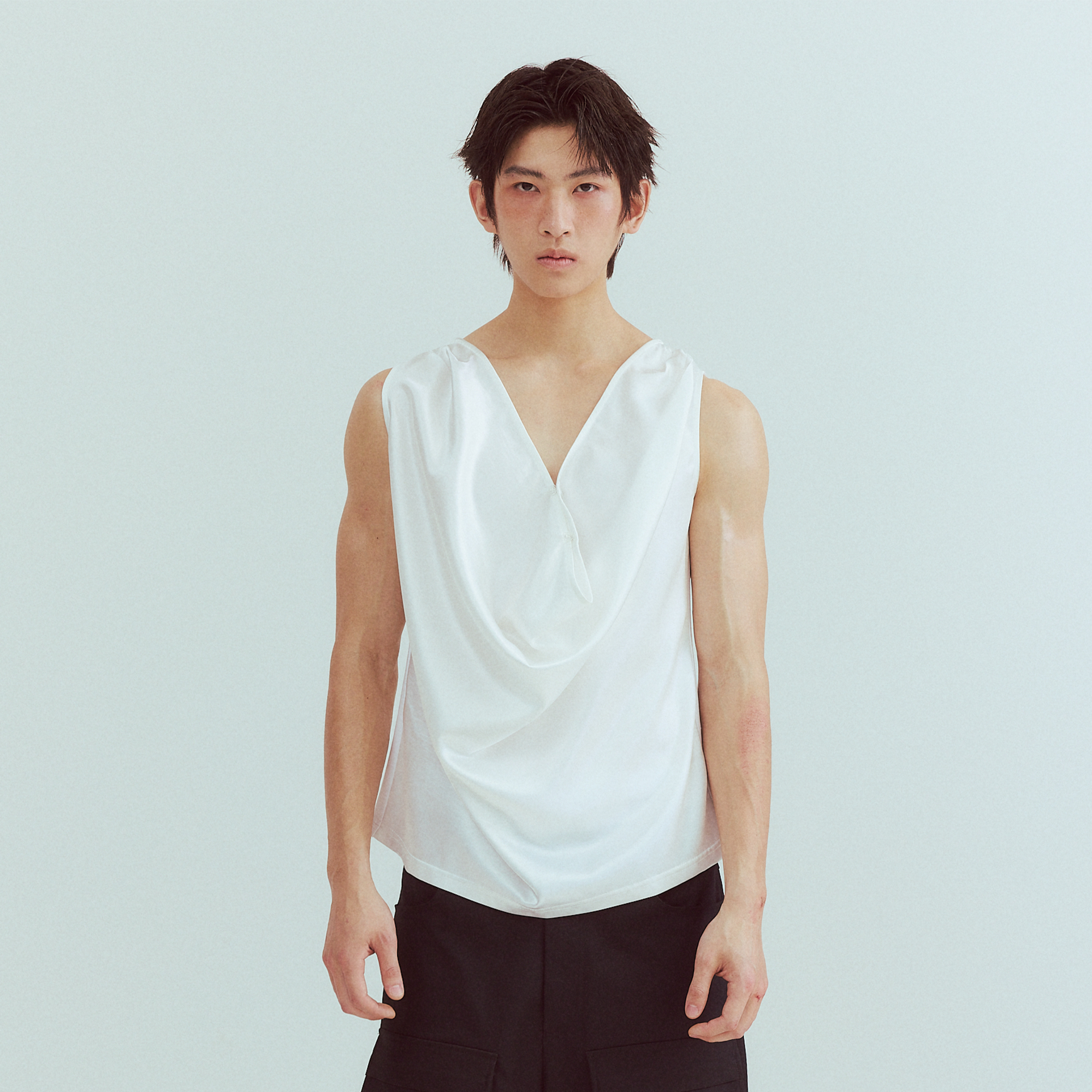 KADAKADA Pearl Sheen Deep V Draped Sleeveless Shirt