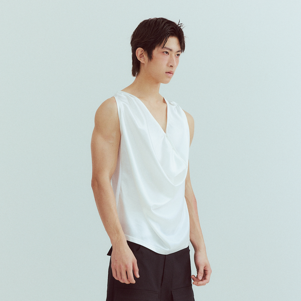 KADAKADA Pearl Sheen Deep V Draped Sleeveless Shirt