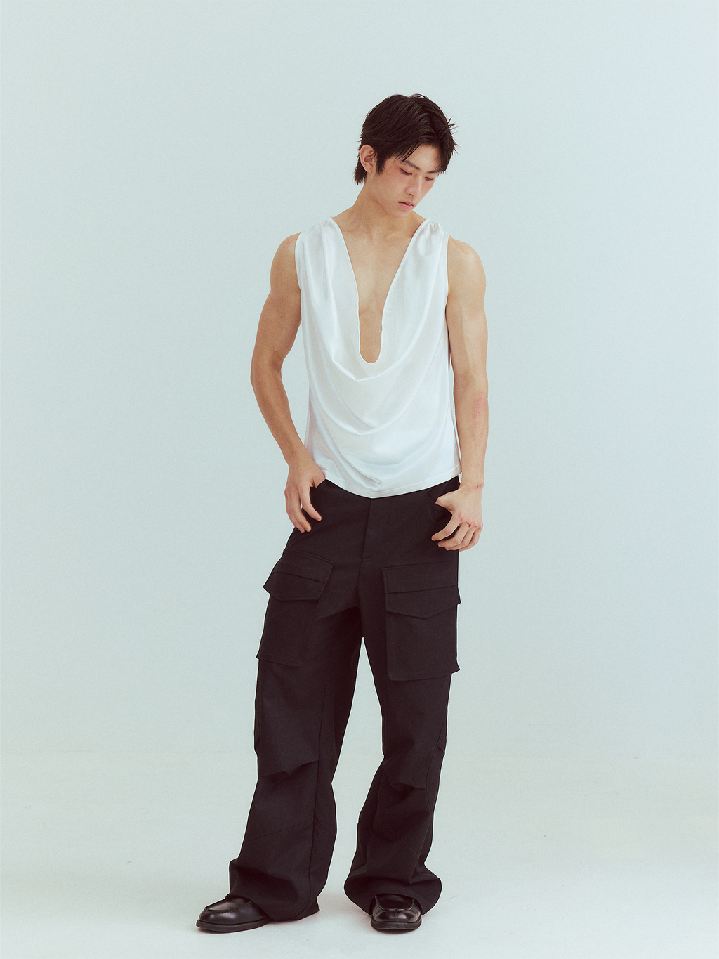 KADAKADA Pearl Sheen Deep V Draped Sleeveless Shirt
