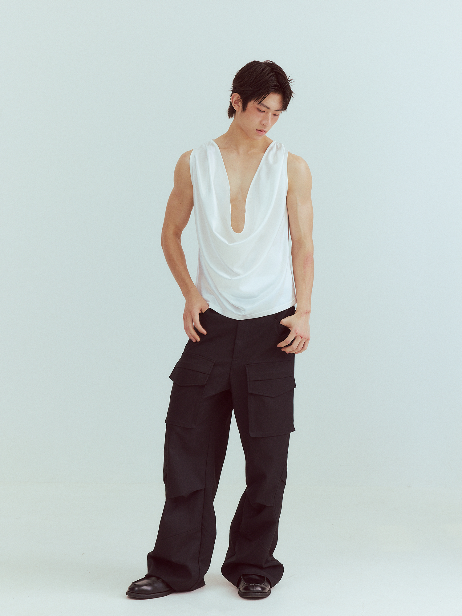KADAKADA Pearl Sheen Deep V Draped Sleeveless Shirt