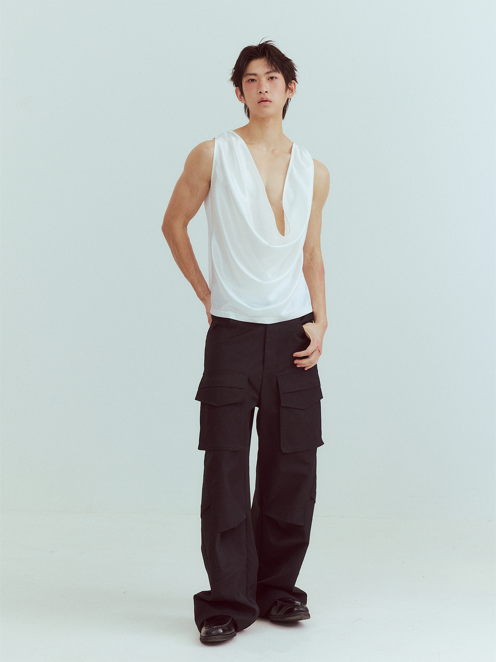 KADAKADA Pearl Sheen Deep V Draped Sleeveless Shirt