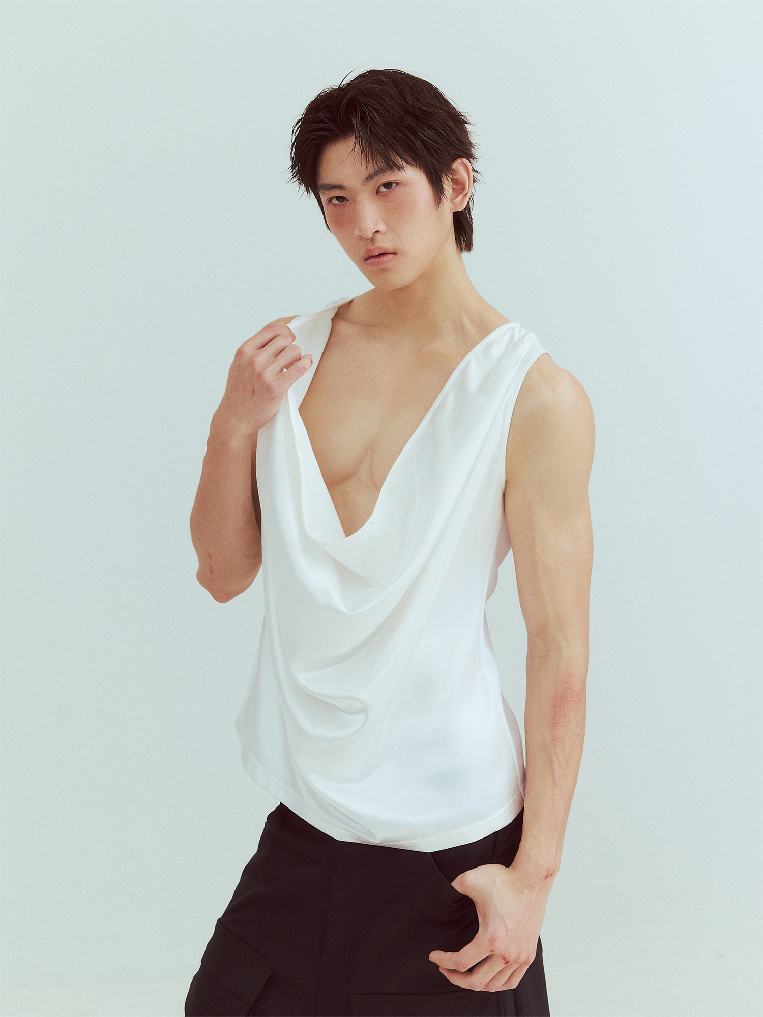 KADAKADA Pearl Sheen Deep V Draped Sleeveless Shirt