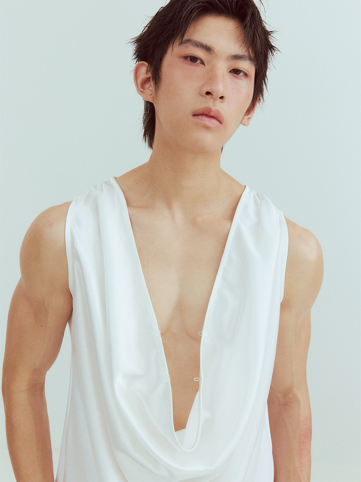 KADAKADA Pearl Sheen Deep V Draped Sleeveless Shirt