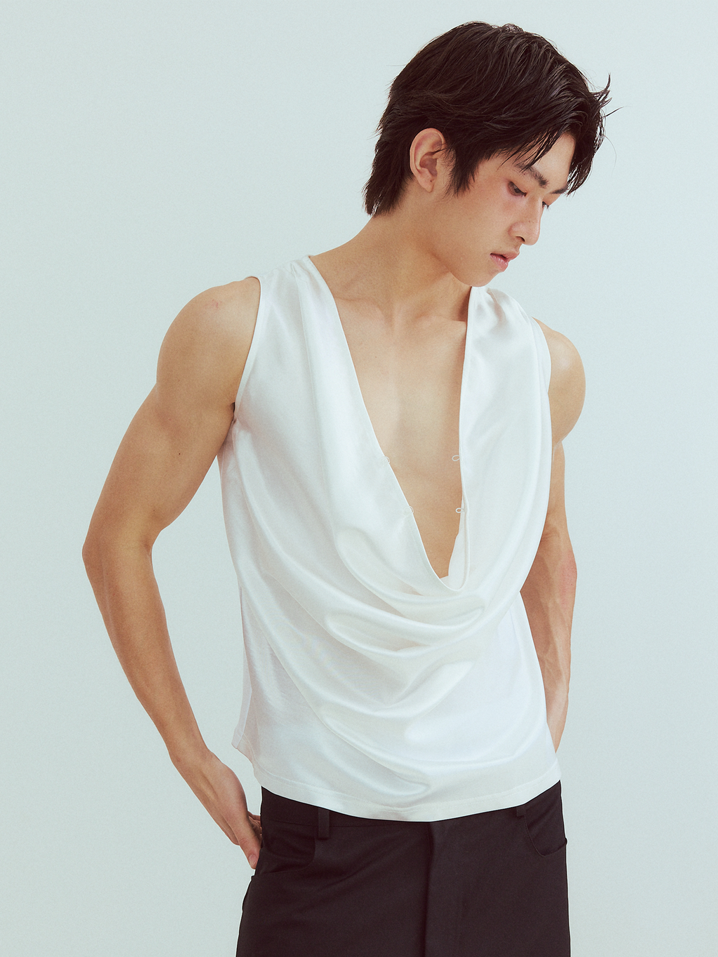 KADAKADA Pearl Sheen Deep V Draped Sleeveless Shirt