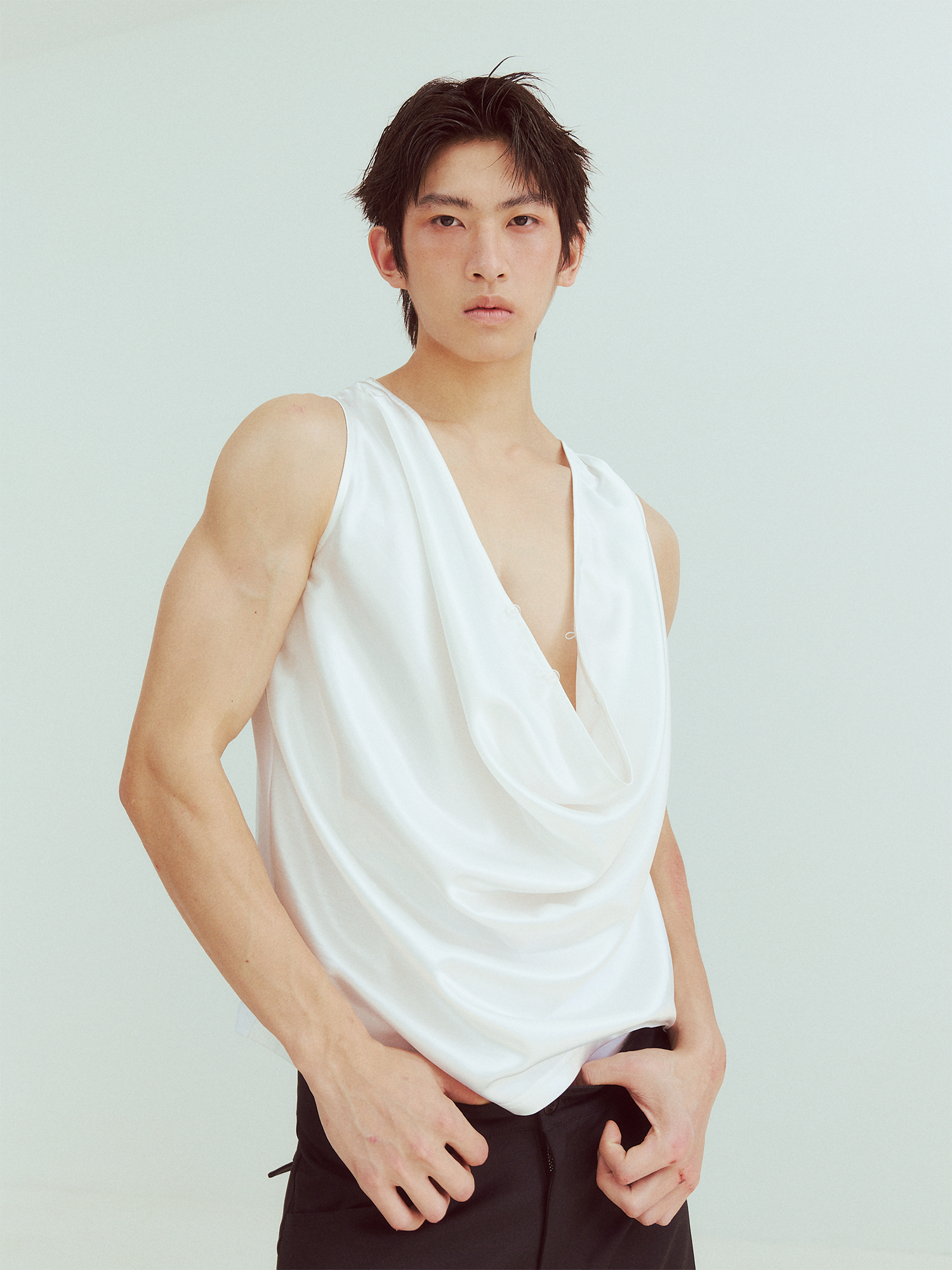 KADAKADA Pearl Sheen Deep V Draped Sleeveless Shirt